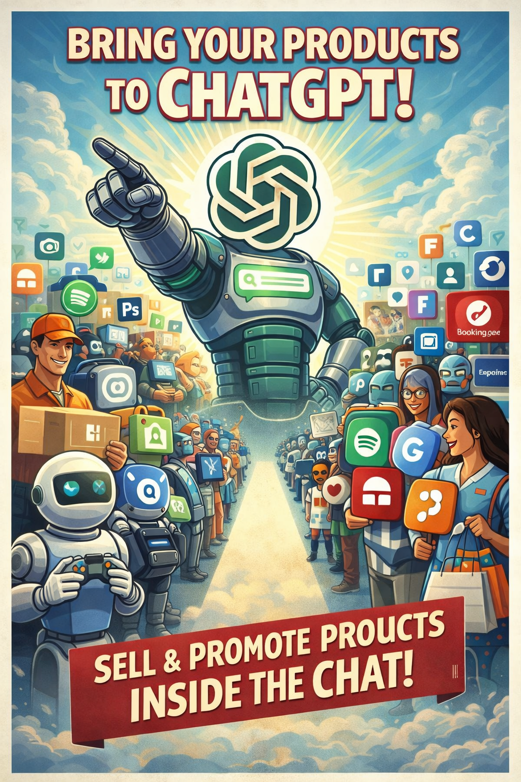 Poster-style illustration of ChatGPT as a hub where brands line up to sell digital and physical products through chat apps.