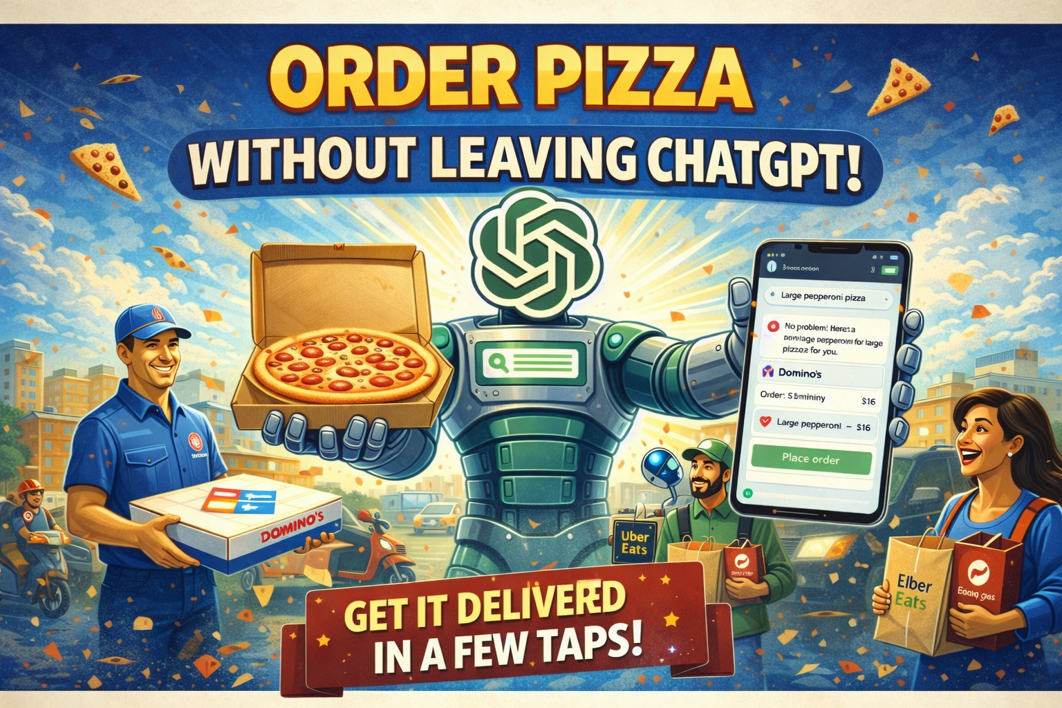 Poster-style horizontal illustration showing ChatGPT as a shopping assistant, holding a pizza and a phone checkout screen to order pizza directly in chat.