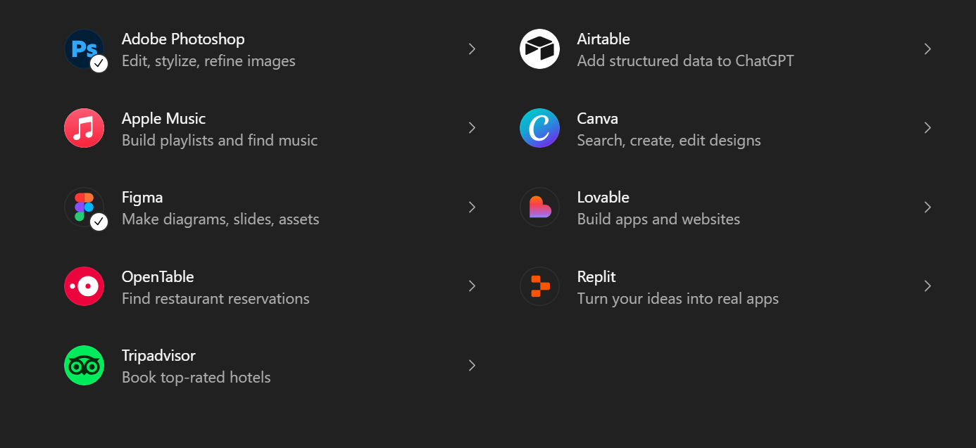 ChatGPT Apps menu showing available integrations including Adobe Photoshop, Apple Music, Figma, OpenTable, Tripadvisor, Airtable, Canva, Lovable, and Replit.