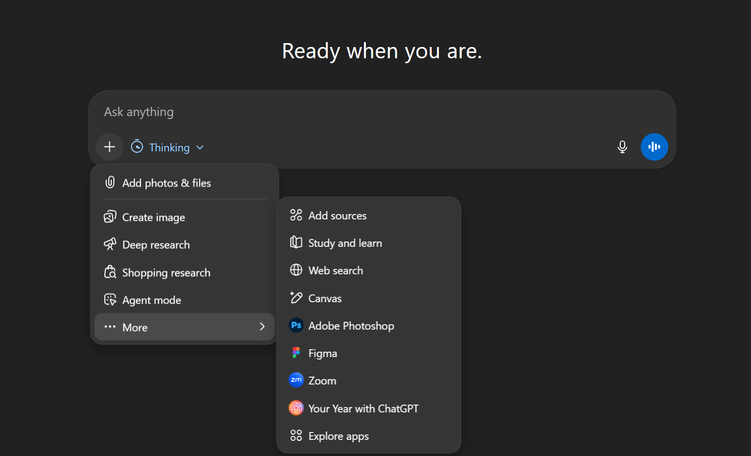Screenshot of the ChatGPT interface with the “More” menu open, listing tools and apps such as Web search, Canvas, Adobe Photoshop, Figma, Zoom, and an “Explore apps” option.