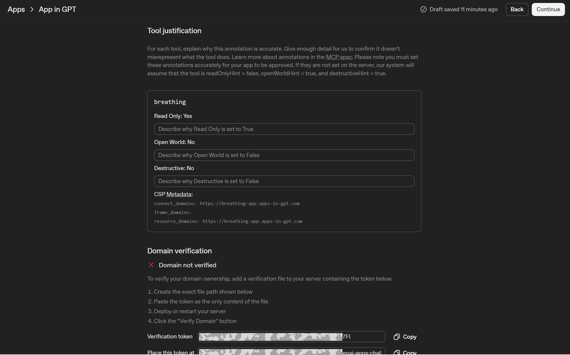 Tool justification screen for an MCP tool with Read Only, Open World, Destructive explanations and CSP metadata, plus domain verification section below