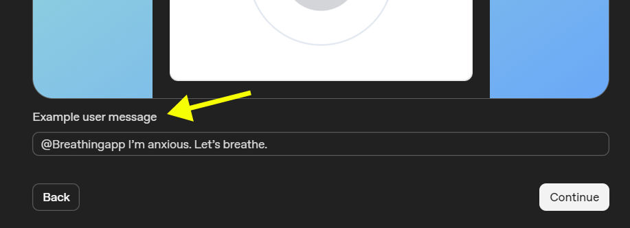 Close up of the Screenshots step showing the “Example user message” input used to describe what the user typed to trigger the screenshot