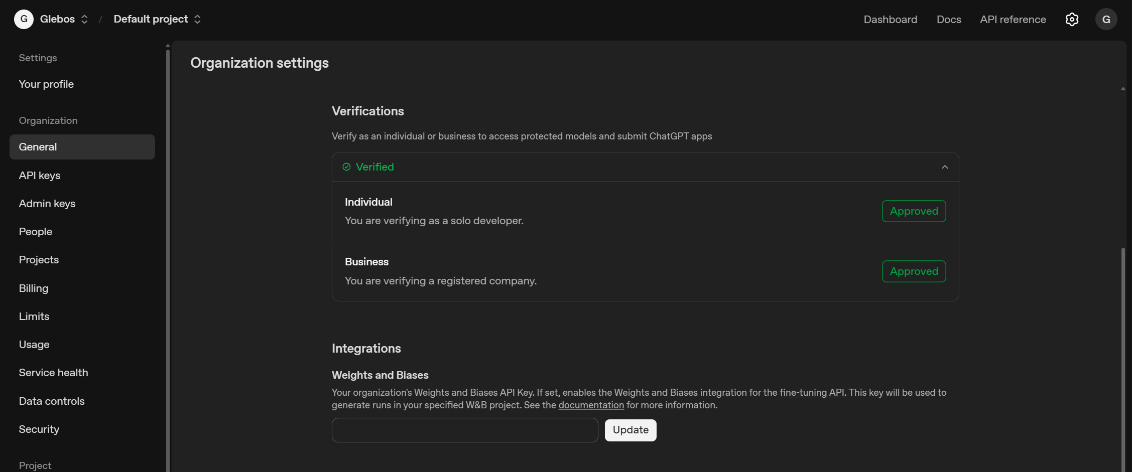 Screenshot of OpenAI Platform Organization settings (General) on the Verifications section, where you can verify as an individual or business to submit ChatGPT apps, with both options marked Approved.