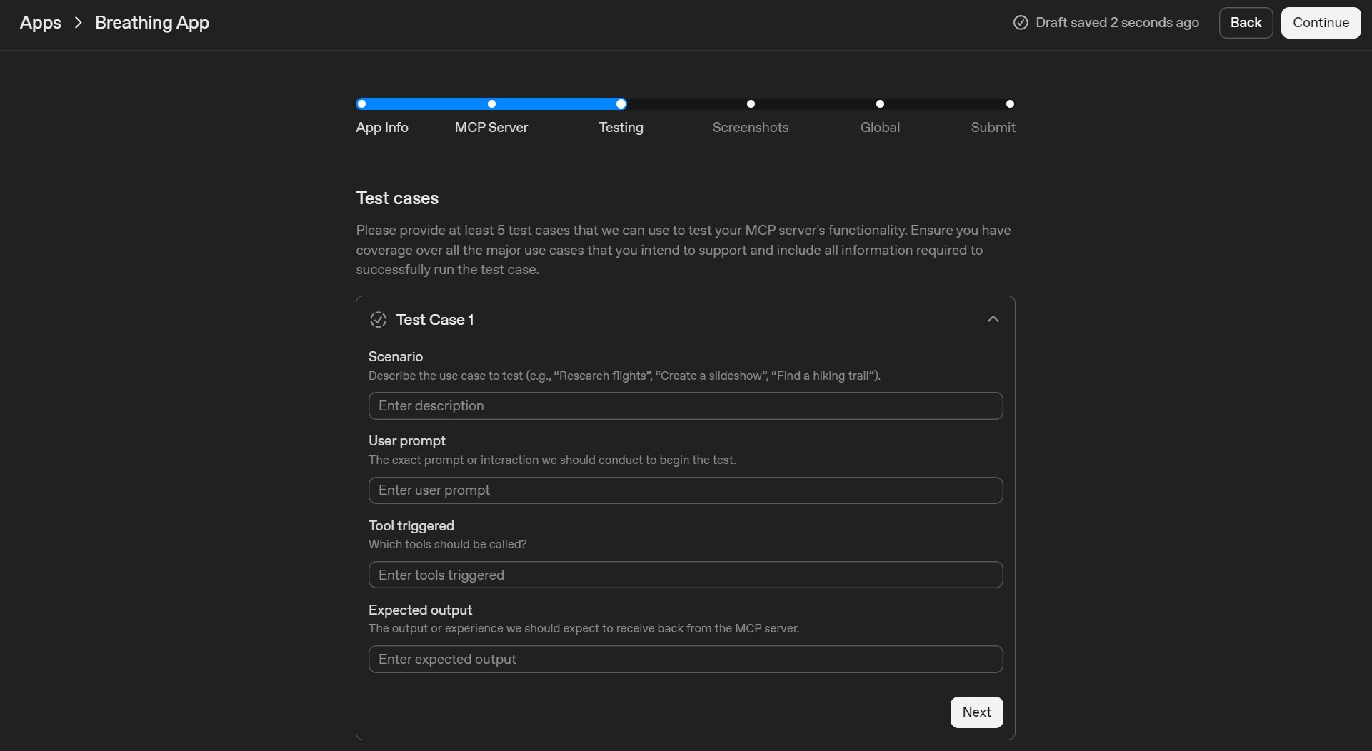 Testing step form with fields for Scenario, User prompt, Tool triggered, and Expected output