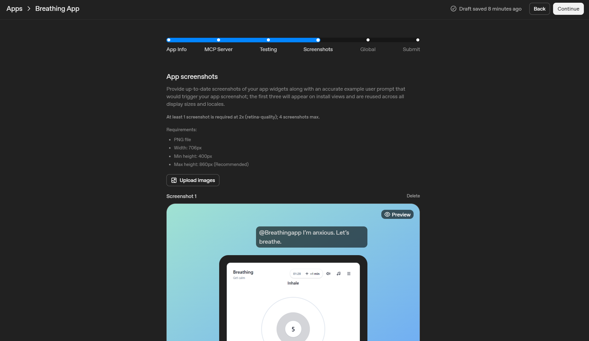 Screenshots step with PNG requirements, Upload images button, and a screenshot preview with an example user message field