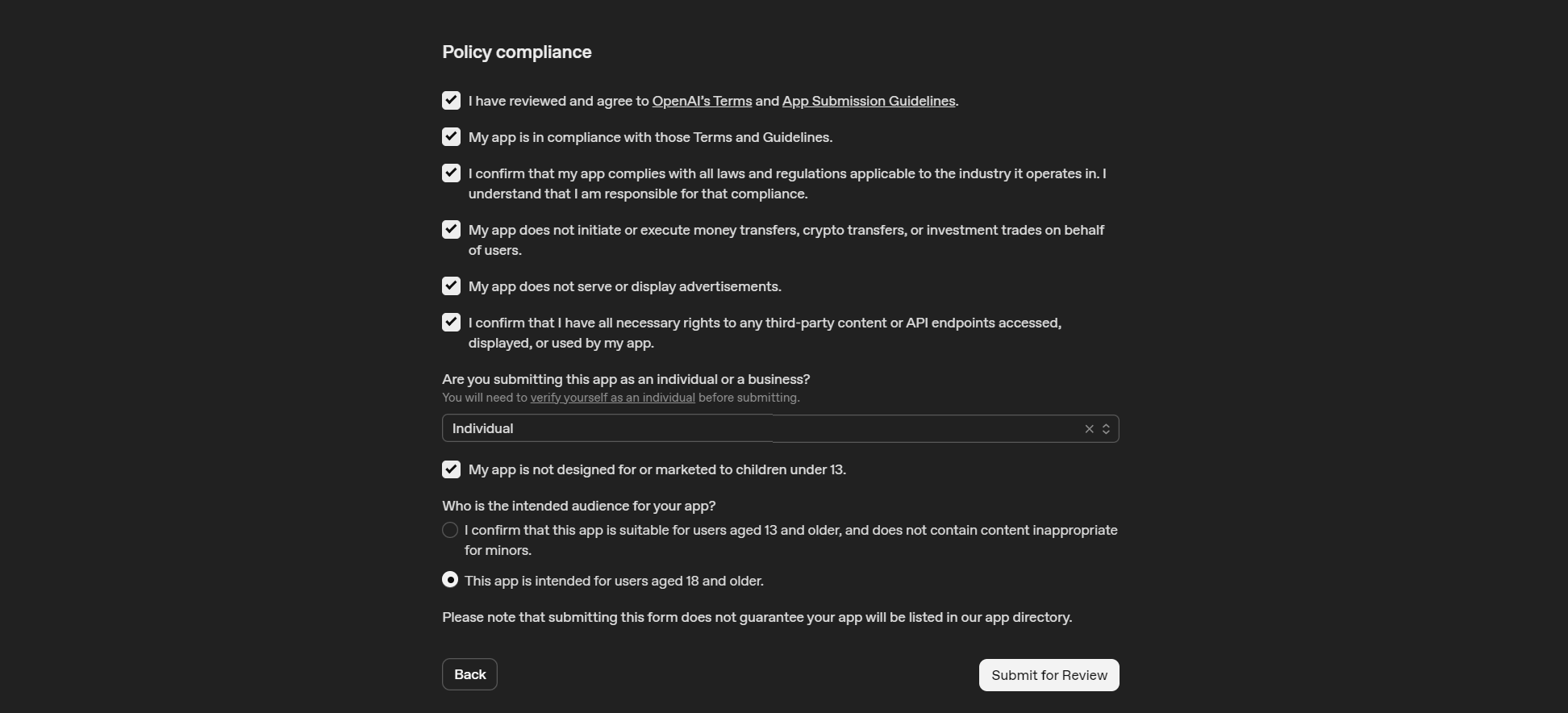 Final submission checklist with policy compliance confirmations, individual or business selector, audience options, and Submit for Review button