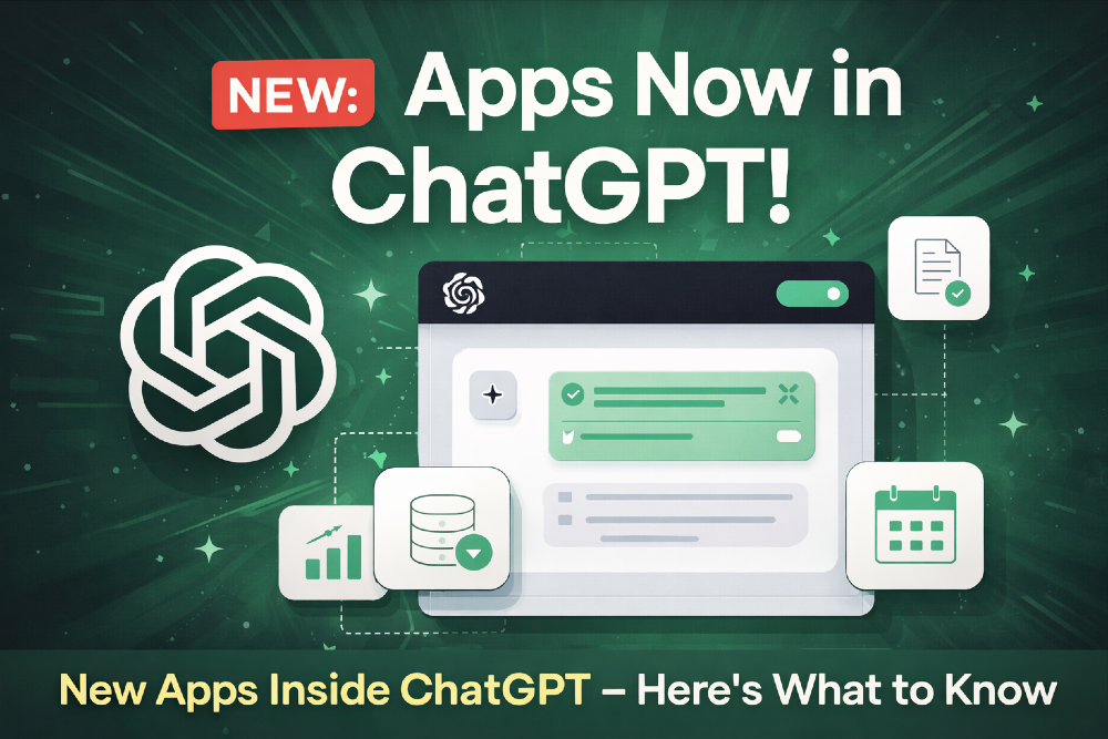 Clickable cover image that reads “NEW: Apps Now in ChatGPT!” with a ChatGPT-style interface and app icons around it.